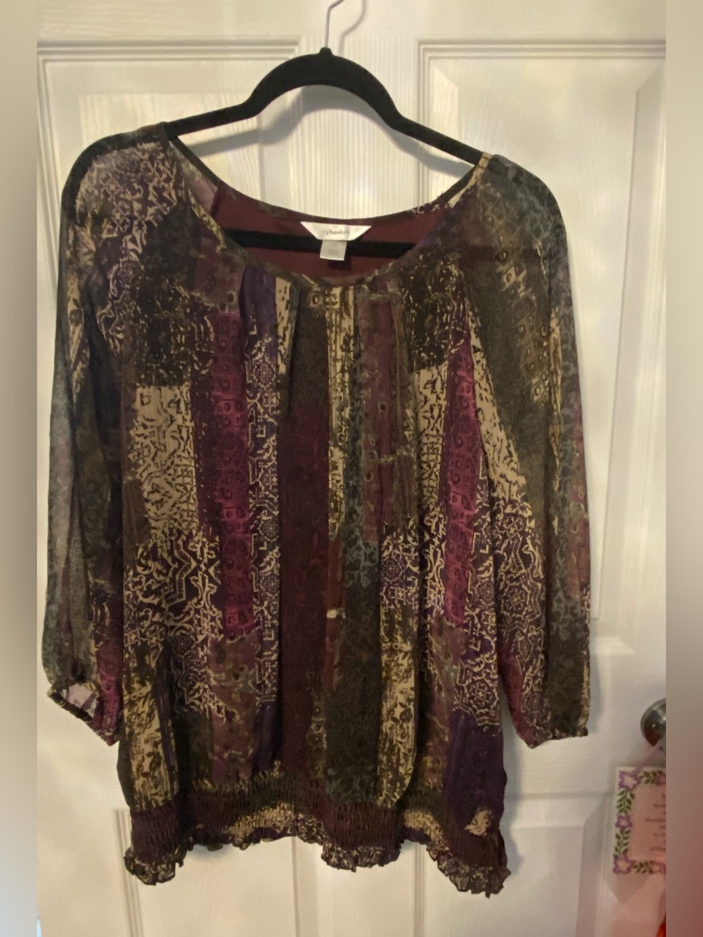 CJ Banks Multicolor Sheer Patterned Blouse - Purple, Cream, Black
